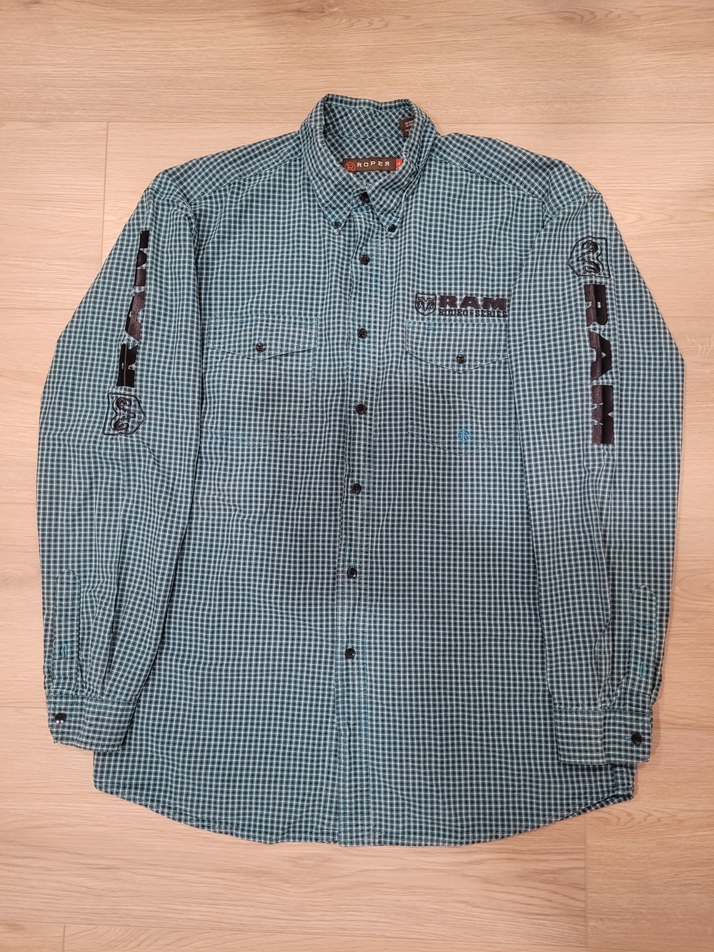 Roper Men's L Teal Check Button-Down Ram Rodeo Series